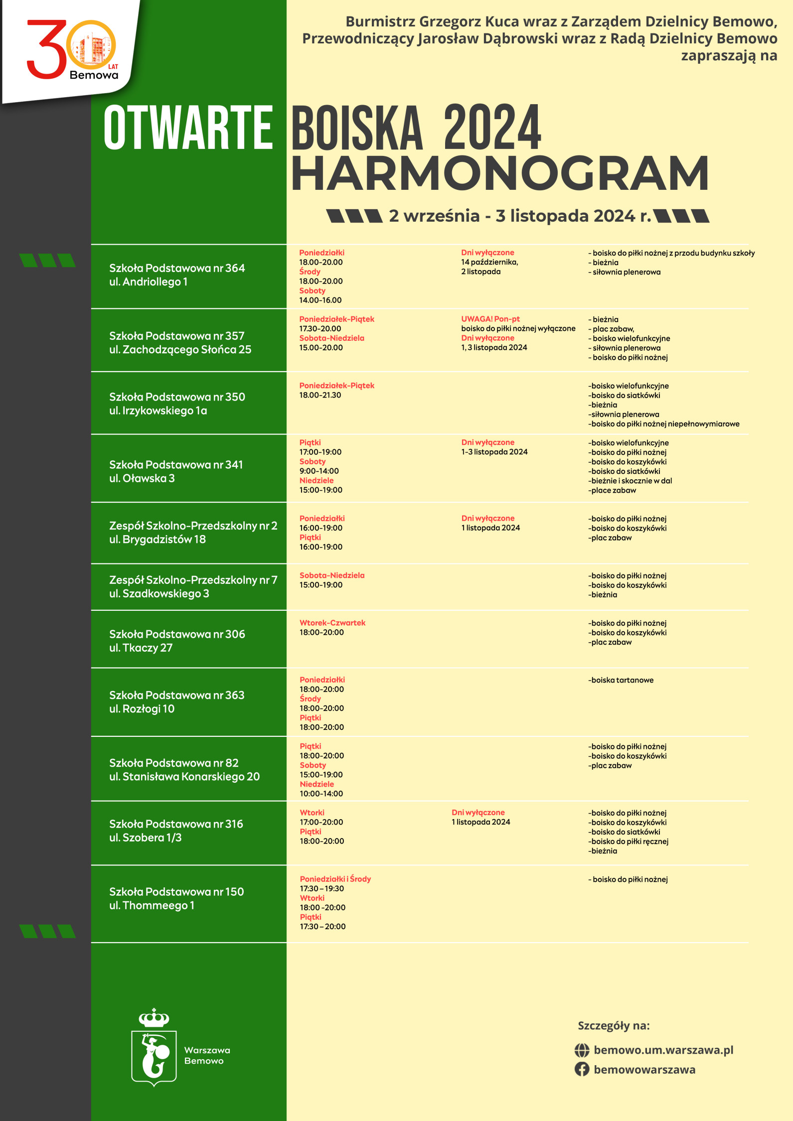 harmonogram boisk na Bemowie